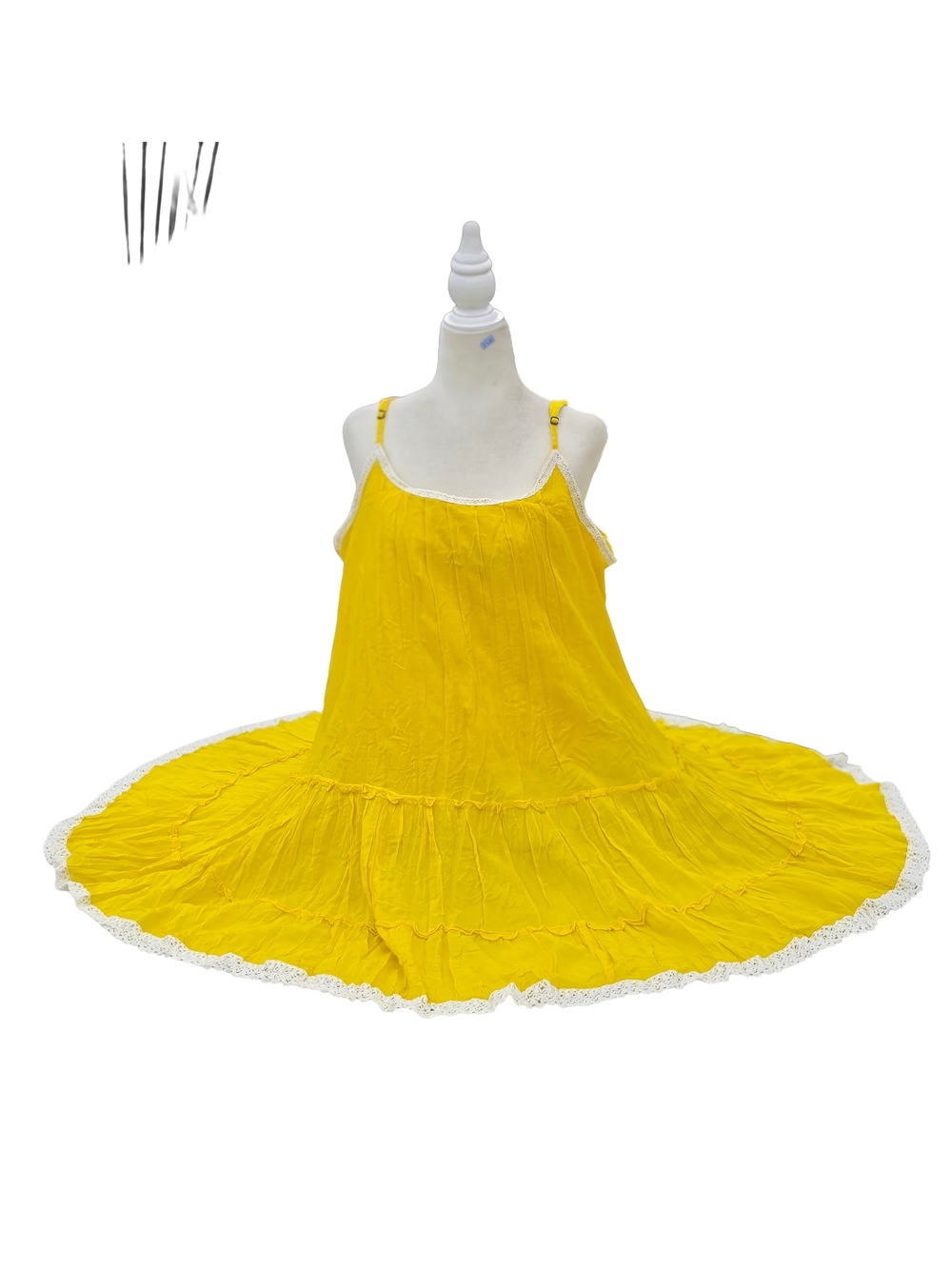 Haven Bright Yellow "Mango" Tiered Mini Dress with White Lace Trim